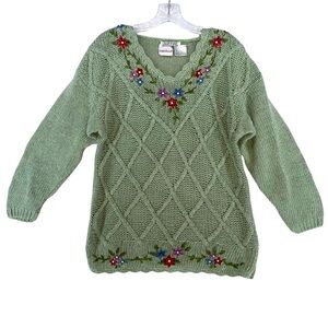 Vintage Bobbie Brooks Hand Knitted Floral Sage Sweater Women’s Size S